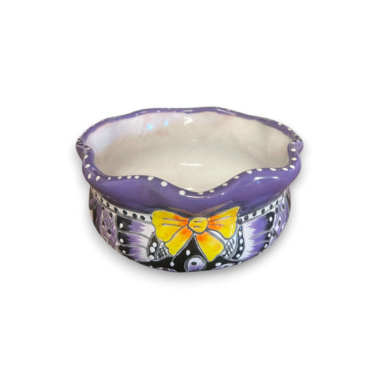 Mini Talavera Flower Pot | Wavy Rim Mexican Ceramic Planter - hand-painted purple mini Talavera planter with yellow bow and wavy rim