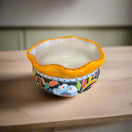 Mini Talavera Flower Pot | Wavy Rim Mexican Ceramic Planter - hand-painted mini planter with yellow wavy rim and black floral Talavera design