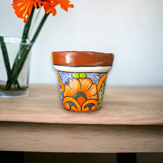 Mini Talavera Flower Pot Set | Colorful Mexican Planters (Set of 3) - handmade bright orange and blue Talavera mini planter on wooden table