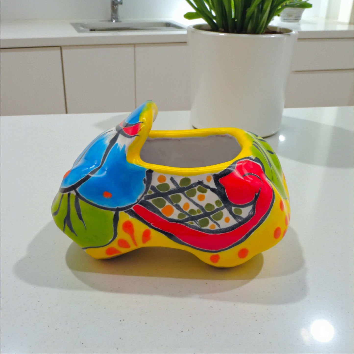 Mini Talavera Car Planter | Hand-Painted Mexican Figurine - vibrant yellow hand-painted ceramic car planter with blue, red, green floral motifs