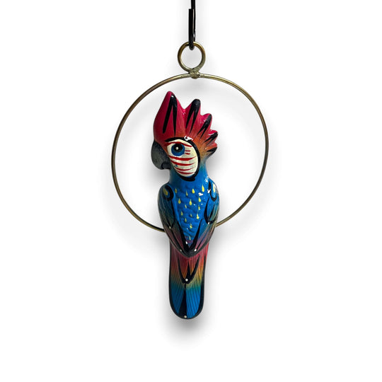 Mini Talavera Hanging Cockatoo | Hand-Painted Mexican Decor - hand-painted blue red gold Talavera cockatoo on brass ring, small hanging Mexican folk art