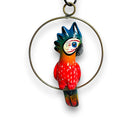 Mini Talavera Hanging Cockatoo | Hand-Painted Mexican Decor - hand-painted blue red gold cockatoo on brass-colored hanging ring