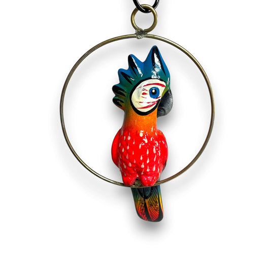 Mini Talavera Hanging Cockatoo | Hand-Painted Mexican Decor - hand-painted blue red gold cockatoo on brass-colored hanging ring