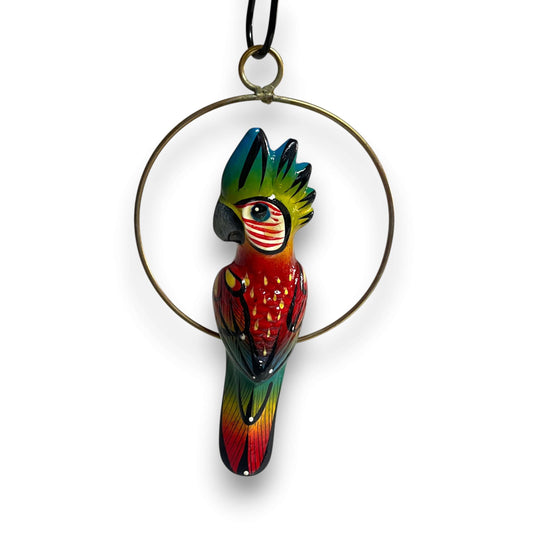 Mini Talavera Hanging Cockatoo | Hand-Painted Mexican Decor - petite hand-painted Talavera cockatoo in blue, red & gold on brass ring