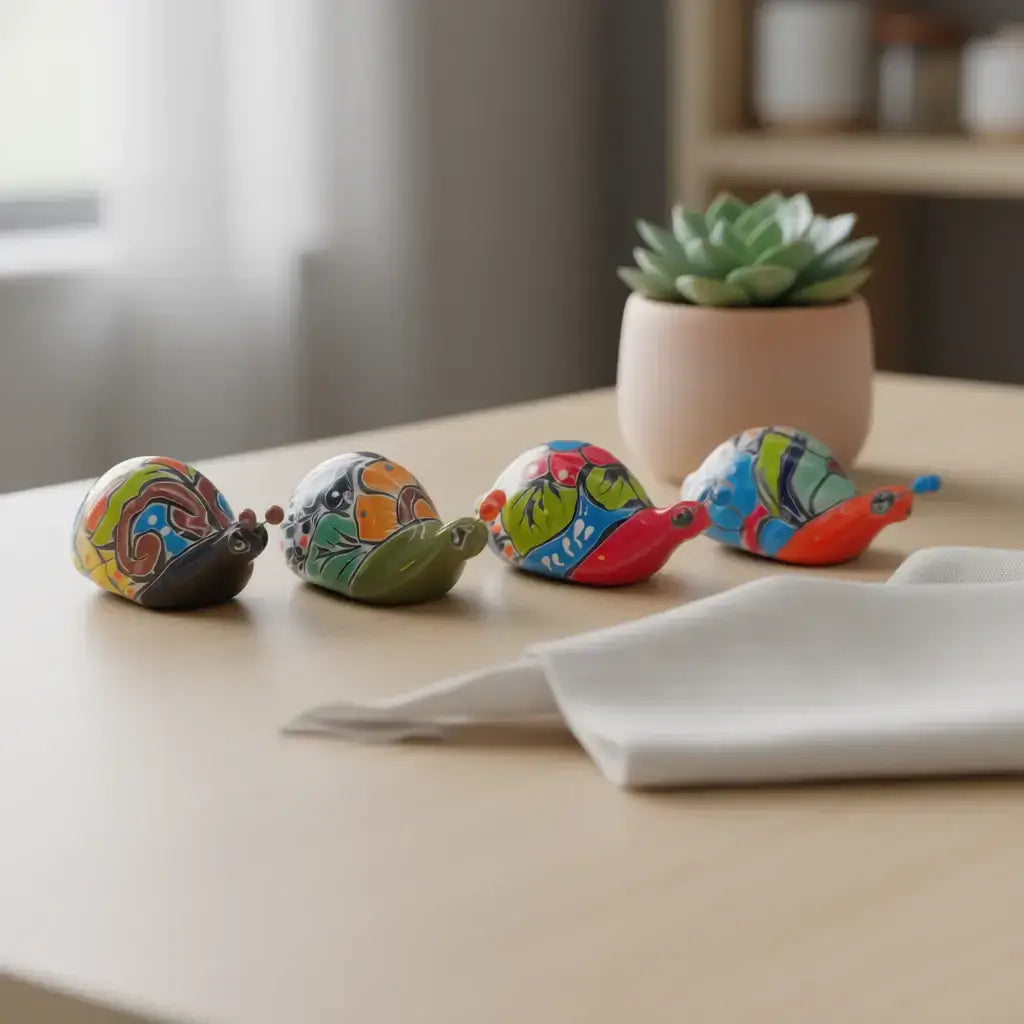 Mini Talavera Snail Figurine | Hand-Painted Mexican Ceramic - four colorful hand-painted ceramic snails with floral motifs on a wooden table (glossy glaze)