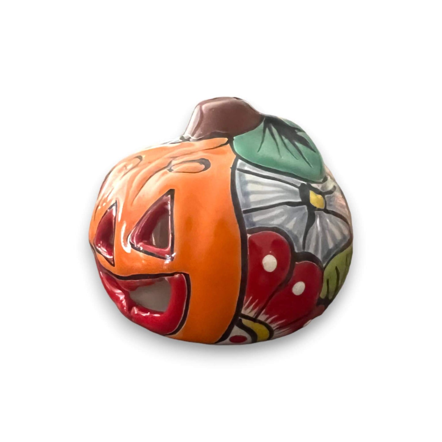 Colorful Talavera Pumpkin - Handmade Mexican Jack-o'-Lantern, hand-painted Talavera ceramic jack-o'-lantern with floral motifs