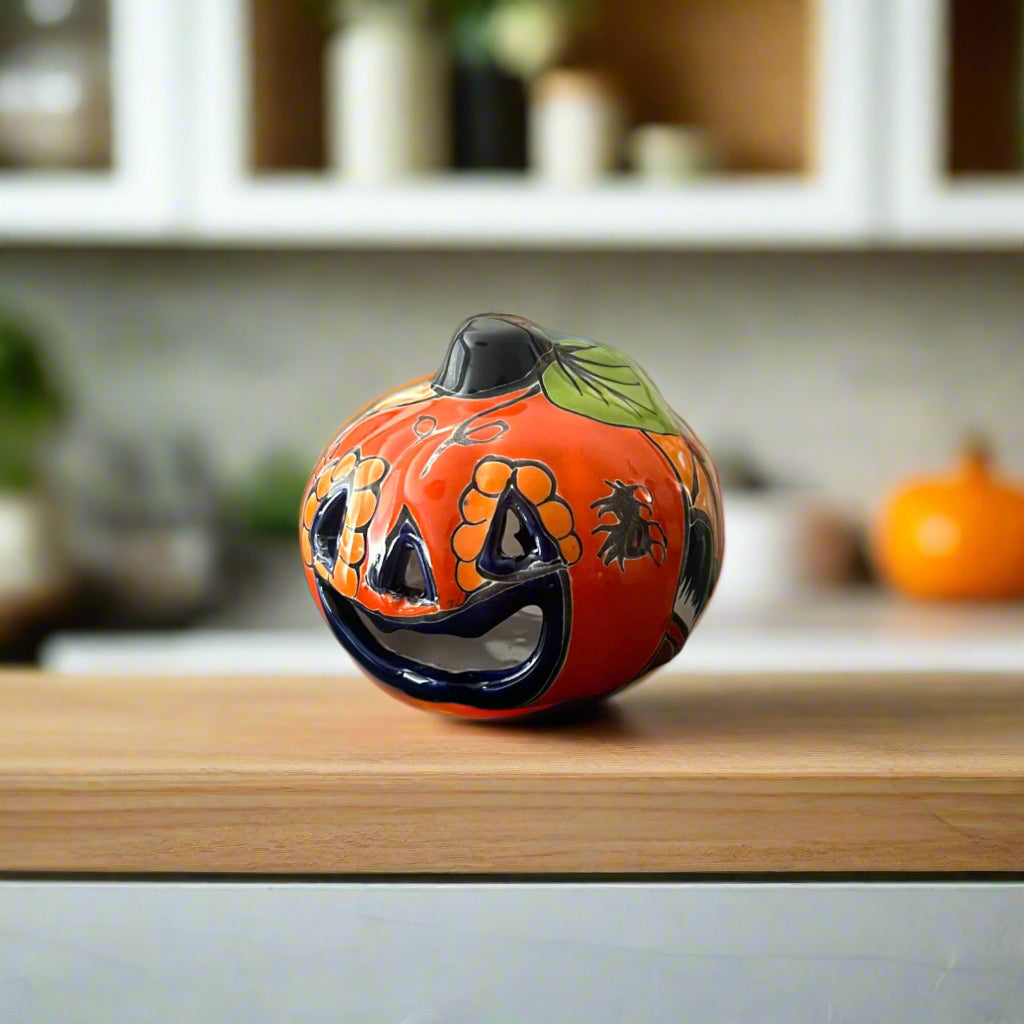 Colorful Talavera Pumpkin - Handmade Mexican Jack-o'-Lantern hand-painted kiln-fired ceramic jack-o'-lantern with floral motifs from Guanajuato