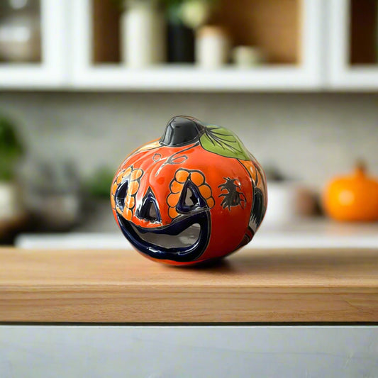 Colorful Talavera Pumpkin - Handmade Mexican Jack-o'-Lantern hand-painted kiln-fired ceramic jack-o'-lantern with floral motifs from Guanajuato