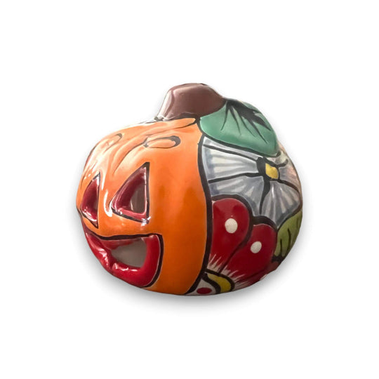 Colorful Talavera Pumpkin - Handmade Mexican Jack-o'-Lantern, hand-painted Talavera ceramic jack-o'-lantern with floral motifs