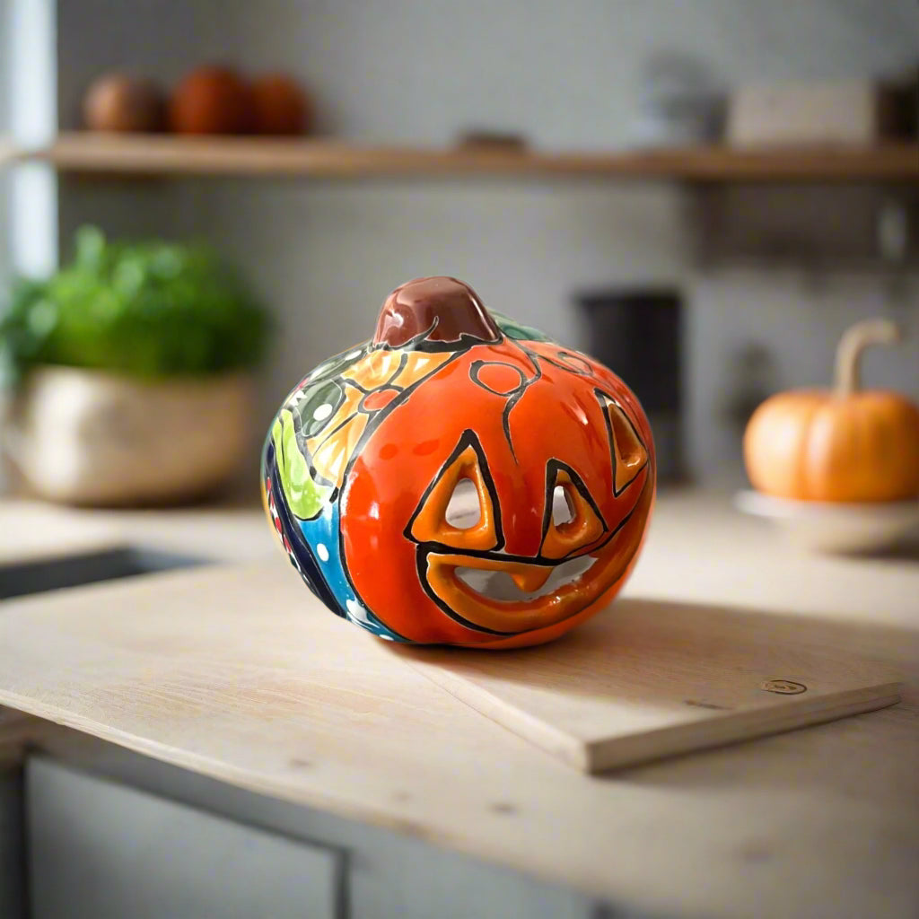 Colorful Talavera Pumpkin - Handmade Mexican Jack-o'-Lantern hand-painted kiln-fired ceramic jack-o'-lantern for festive home decor