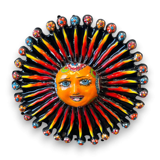 Mini Talavera Sun Wall Art | Handcrafted Mexican Decor - 9" bright orange hand-painted Talavera sun with black, red and yellow rays