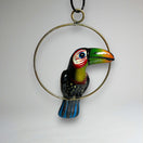 Colorful Mini Talavera Toucan | Handcrafted Hanging Decor - hand-painted kiln-fired toucan ornament with green orange yellow glossy finish and hanging ring