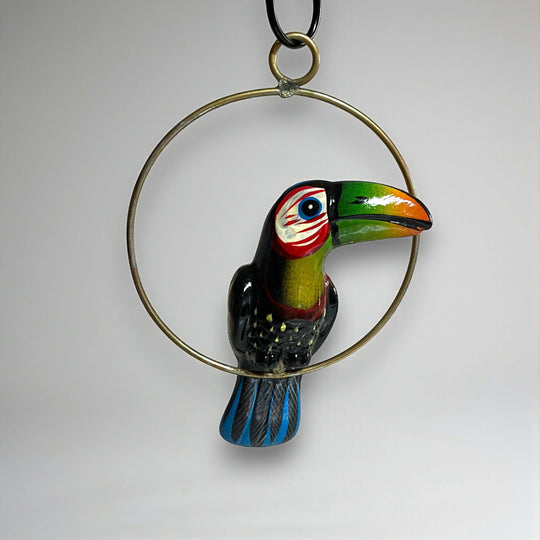 Colorful Mini Talavera Toucan | Handcrafted Hanging Decor - hand-painted kiln-fired toucan ornament with green orange yellow glossy finish and hanging ring