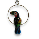 Colorful Mini Talavera Toucan | Handcrafted Hanging Decor - hand-painted glossy kiln-fired toucan with green orange yellow black detailing on brass ring