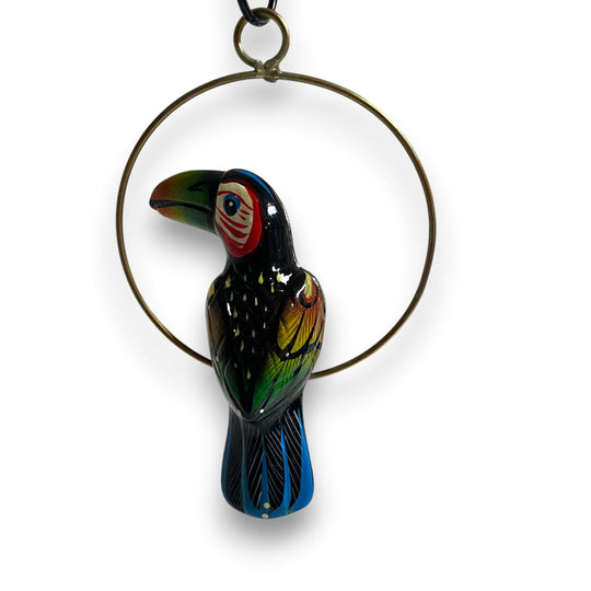 Colorful Mini Talavera Toucan | Handcrafted Hanging Decor - hand-painted glossy kiln-fired toucan with green orange yellow black detailing on brass ring