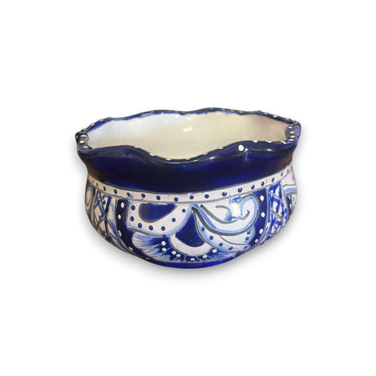 Mini Talavera Flower Pot | Wavy Rim Mexican Ceramic Planter hand-painted blue white Talavera mini planter with wavy rim, handcrafted in Guanajuato, Mexico