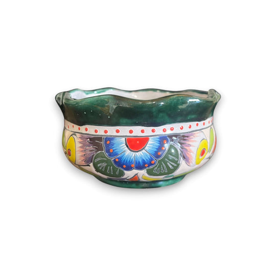 Mini Talavera Flower Pot | Wavy Rim Mexican Ceramic Planter hand-painted green wavy rim with traditional Talavera floral design