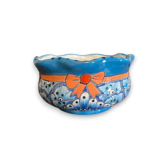 Mini Talavera Flower Pot | Wavy Rim Mexican Ceramic Planter hand-painted blue floral mini planter with orange bow and wavy rim