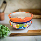 Mini Talavera Flower Pot | Wavy Rim Mexican Ceramic Planter hand-painted black background yellow rim rippled mini ceramic planter