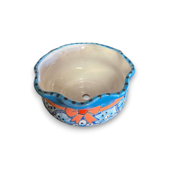 Mini Talavera Flower Pot | Wavy Rim Mexican Ceramic Planter hand-painted blue floral mini planter with rippled rim and drainage hole