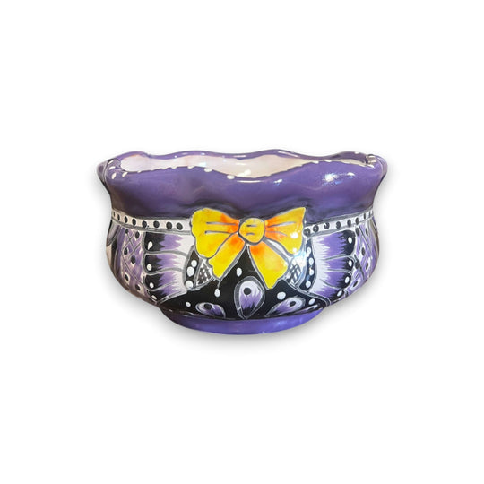 Mini Talavera Flower Pot | Wavy Rim Mexican Ceramic Planter - hand-painted purple ceramic mini planter with yellow bow and wavy rim