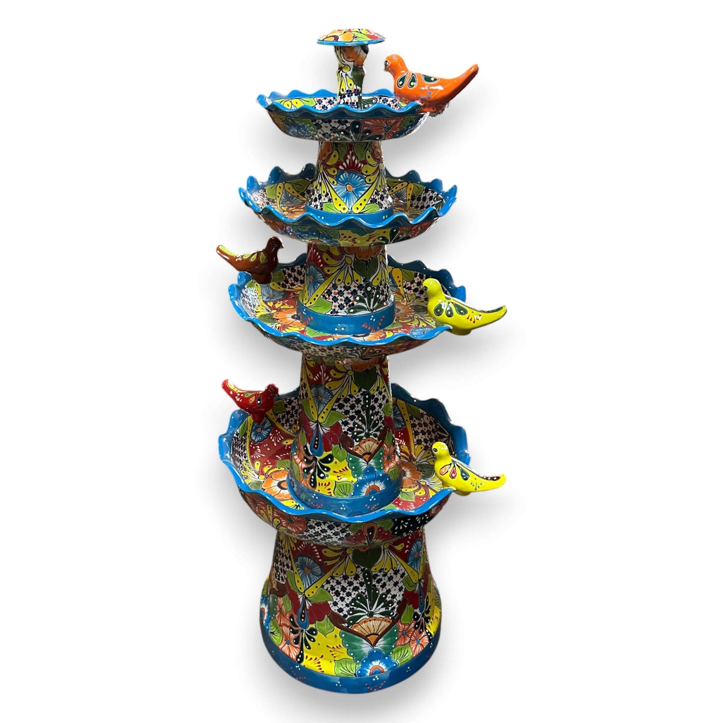 Grand Talavera Garden Fountain | Handcrafted Mexican Art - multicolor hand-painted four-tier Talavera patio fountain with bird accents and soft light blue rim