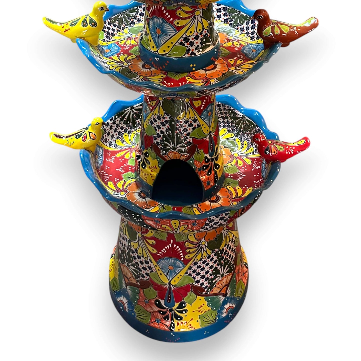 Grand Talavera Garden Fountain | Handcrafted Mexican Art hand-painted multicolor two-tier Talavera patio fountain with birds and floral motifs