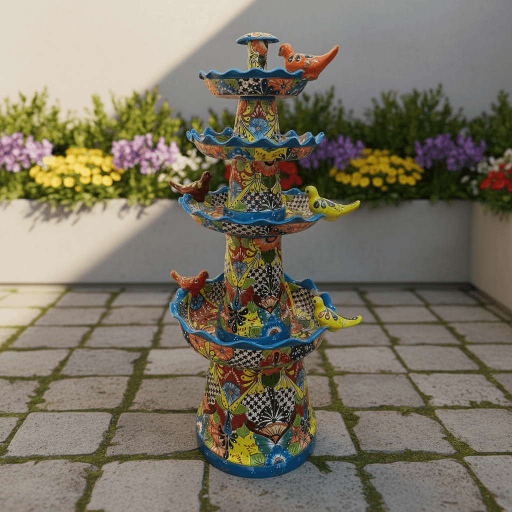 Grand Talavera Garden Fountain | Handcrafted Mexican Art - hand-painted multicolor Talavera patio fountain with floral and geometric motifs