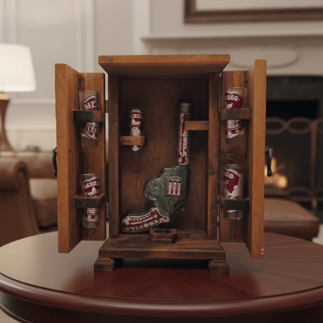 Open wooden Mexican decanter box showing revolver decanter and six shot glasses