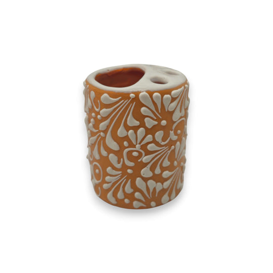 Orange Brown Talavera Toothbrush Holder | Mexican Ceramic Decor - hand-painted orange-brown Talavera ceramic holder with raised white floral motifs, lead-free glaze