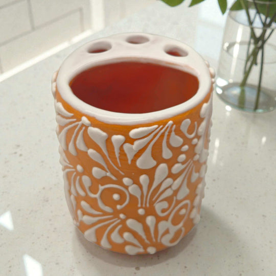 Orange Brown Talavera Toothbrush Holder | Mexican Ceramic Decor - hand-painted orangish-brown toothbrush holder with raised white floral Talavera design