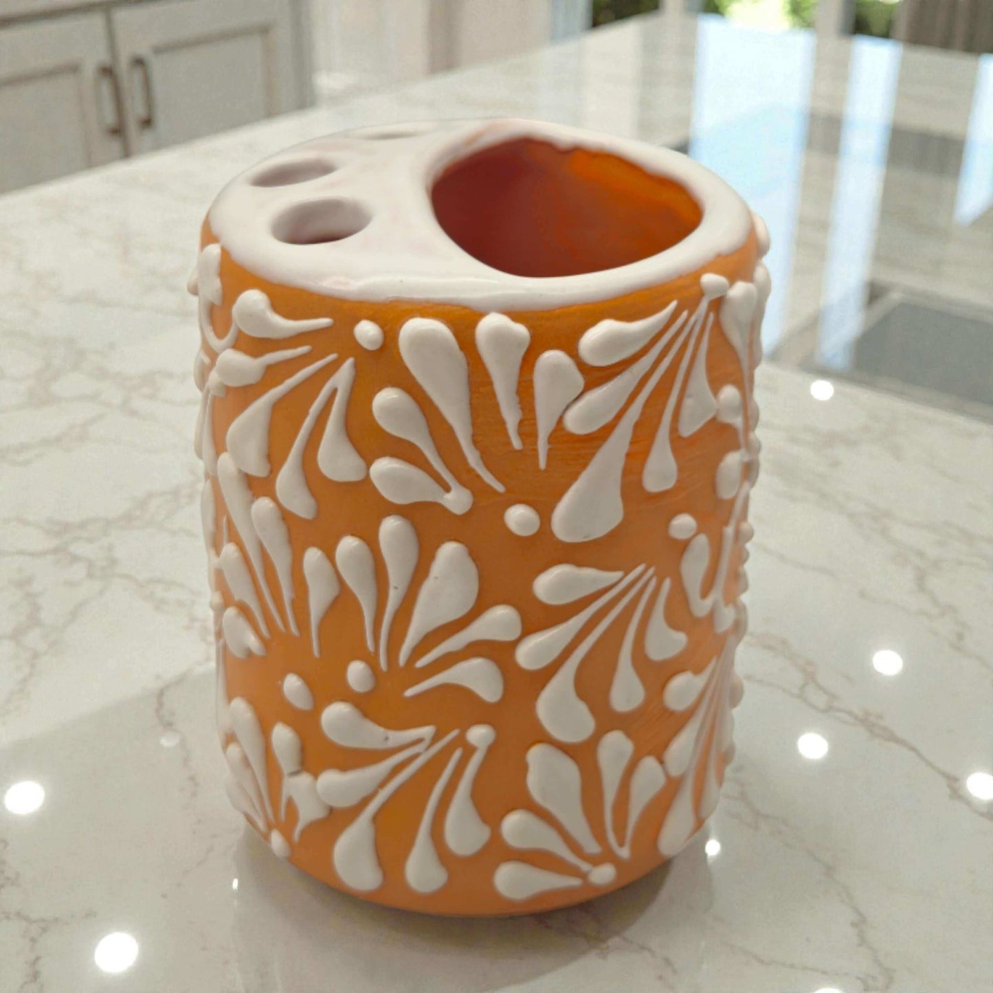 Orange Brown Talavera Toothbrush Holder | Mexican Ceramic Decor - hand-painted orange brown Talavera toothbrush holder with raised white floral motifs