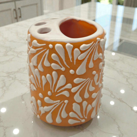 Orange Brown Talavera Toothbrush Holder | Mexican Ceramic Decor - hand-painted orange brown Talavera toothbrush holder with raised white floral motifs
