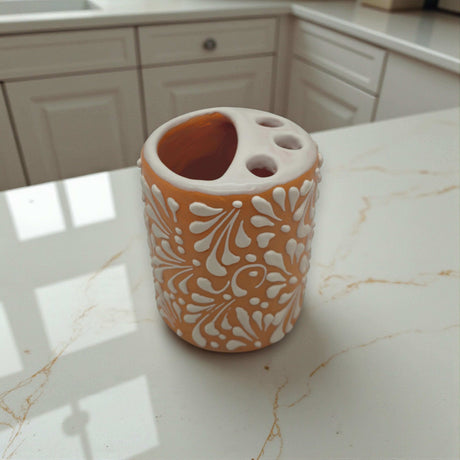 Orange Brown Talavera Toothbrush Holder | Mexican Ceramic Decor hand-painted orangish-brown talavera toothbrush holder with raised white floral motifs