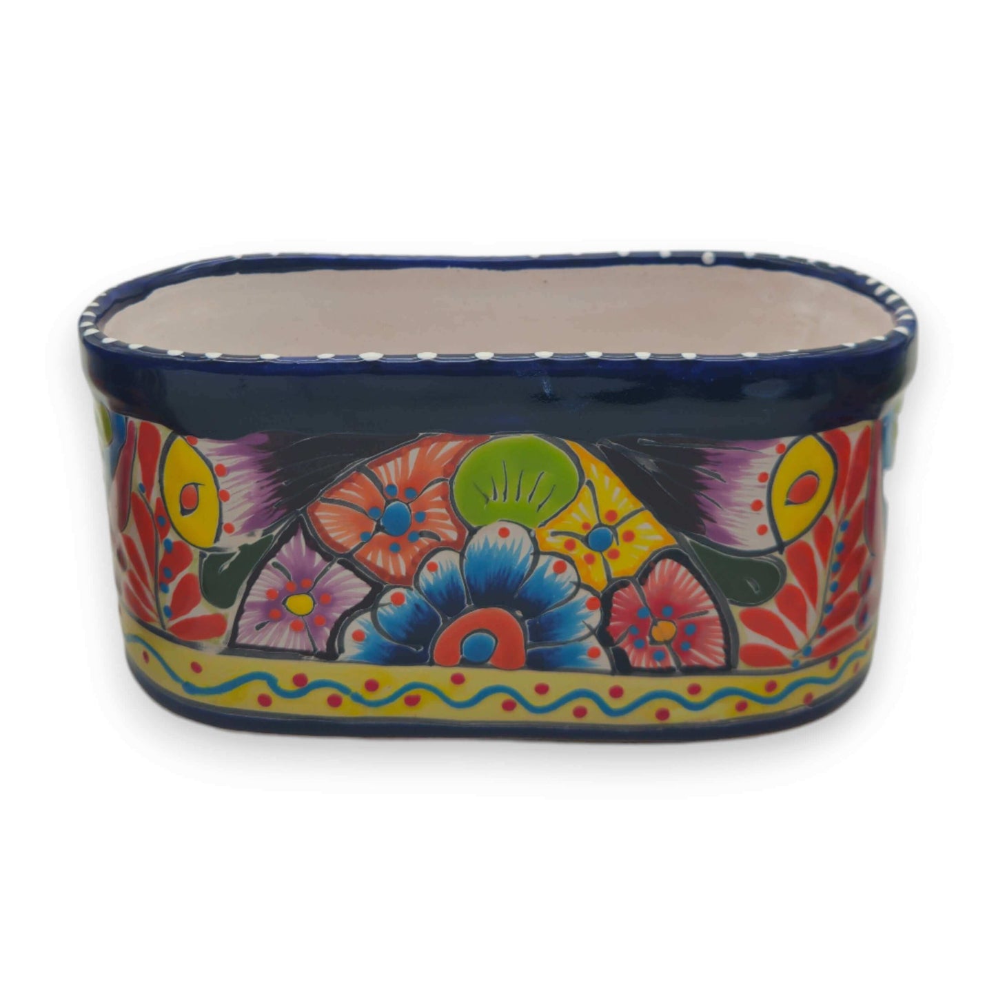Oval Blue Rim Talavera Planter | Handcrafted Mexican Pot - hand-painted oval folk floral ceramic planter with deep blue rim