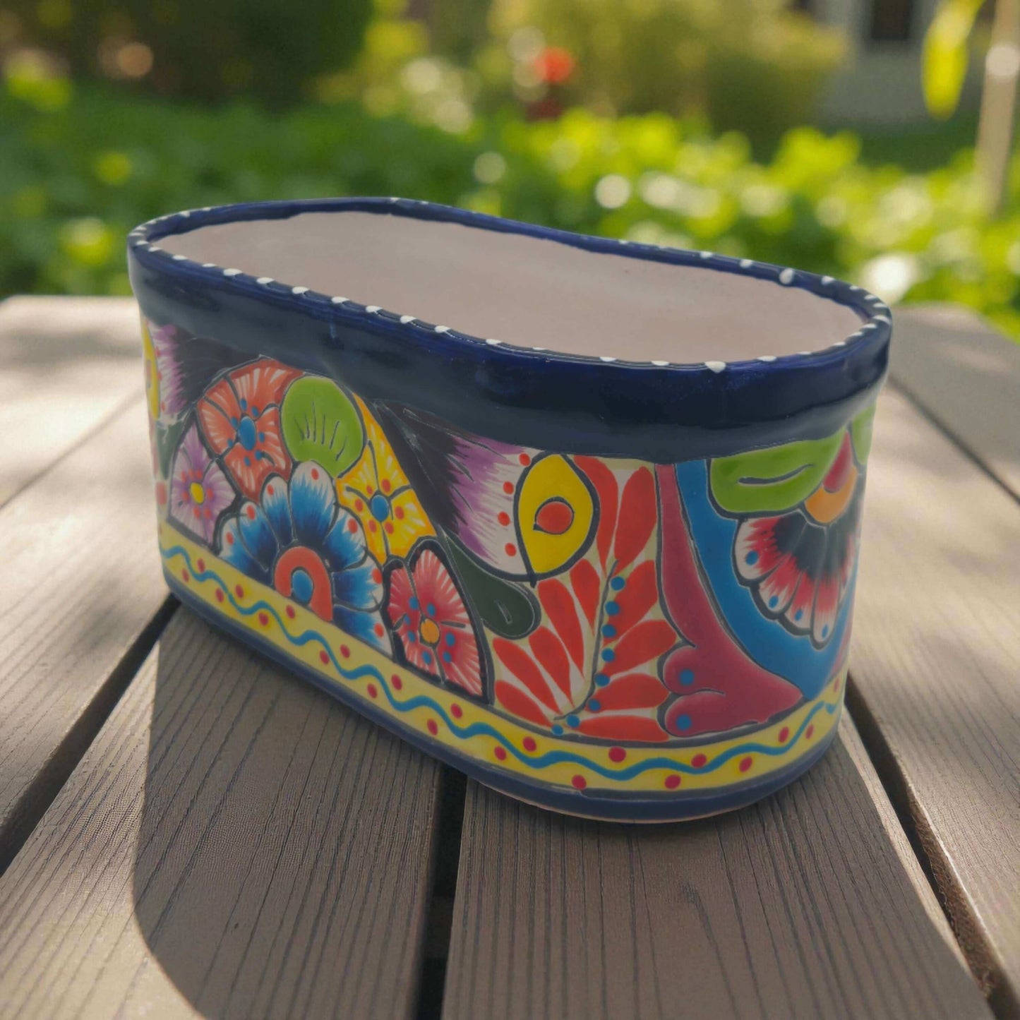 Oval Blue Rim Talavera Planter | Handcrafted Mexican Pot hand-painted oval ceramic planter with blue rim and colorful floral folk pattern