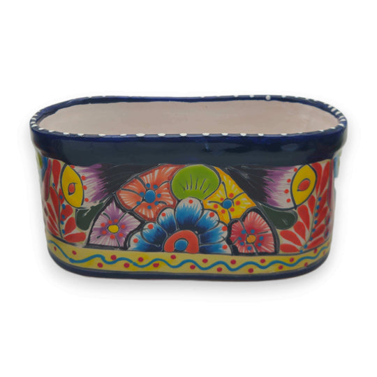 Oval Blue Rim Talavera Planter | Handcrafted Mexican Pot - hand-painted oval folk floral ceramic planter with deep blue rim