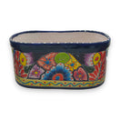 Oval Blue Rim Talavera Planter | Handcrafted Mexican Pot - hand-painted oval folk floral ceramic planter with deep blue rim