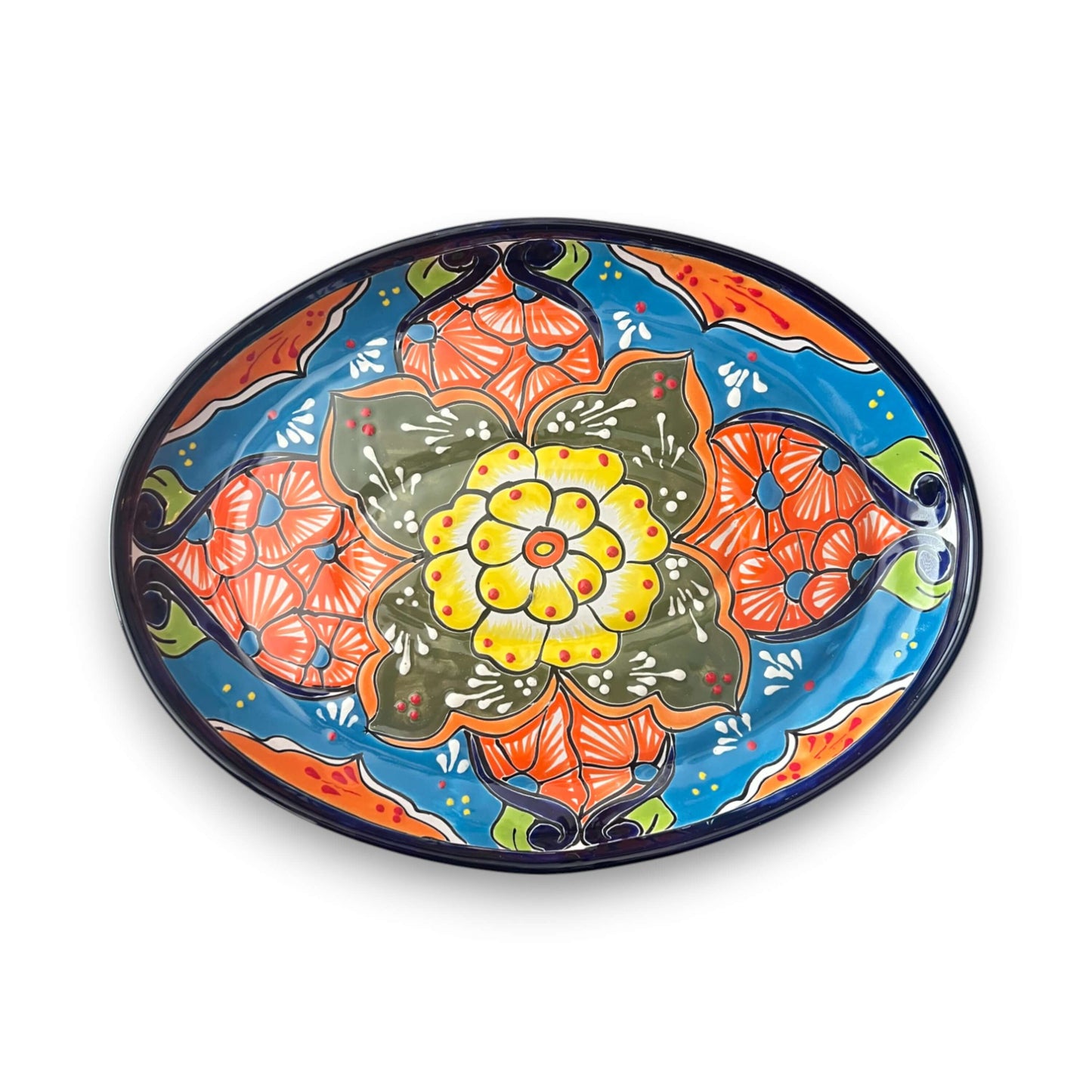 Oval Talavera Serving Platter | Colorful Hand-Painted Mexican Tray with bright floral Talavera design, handmade in Guanajuato, lead-free glaze