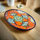 Oval Talavera Serving Platter | Colorful Hand-Painted Mexican Tray showcasing vibrant hand-painted floral Talavera design on an oval kiln-fired tray