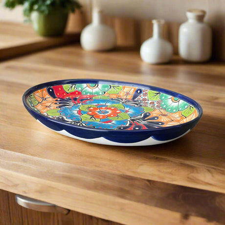 Oval Talavera Serving Platter | Colorful Hand-Painted Mexican Tray - handmade oval Talavera platter with bright floral design, kiln-fired lead-free glaze
