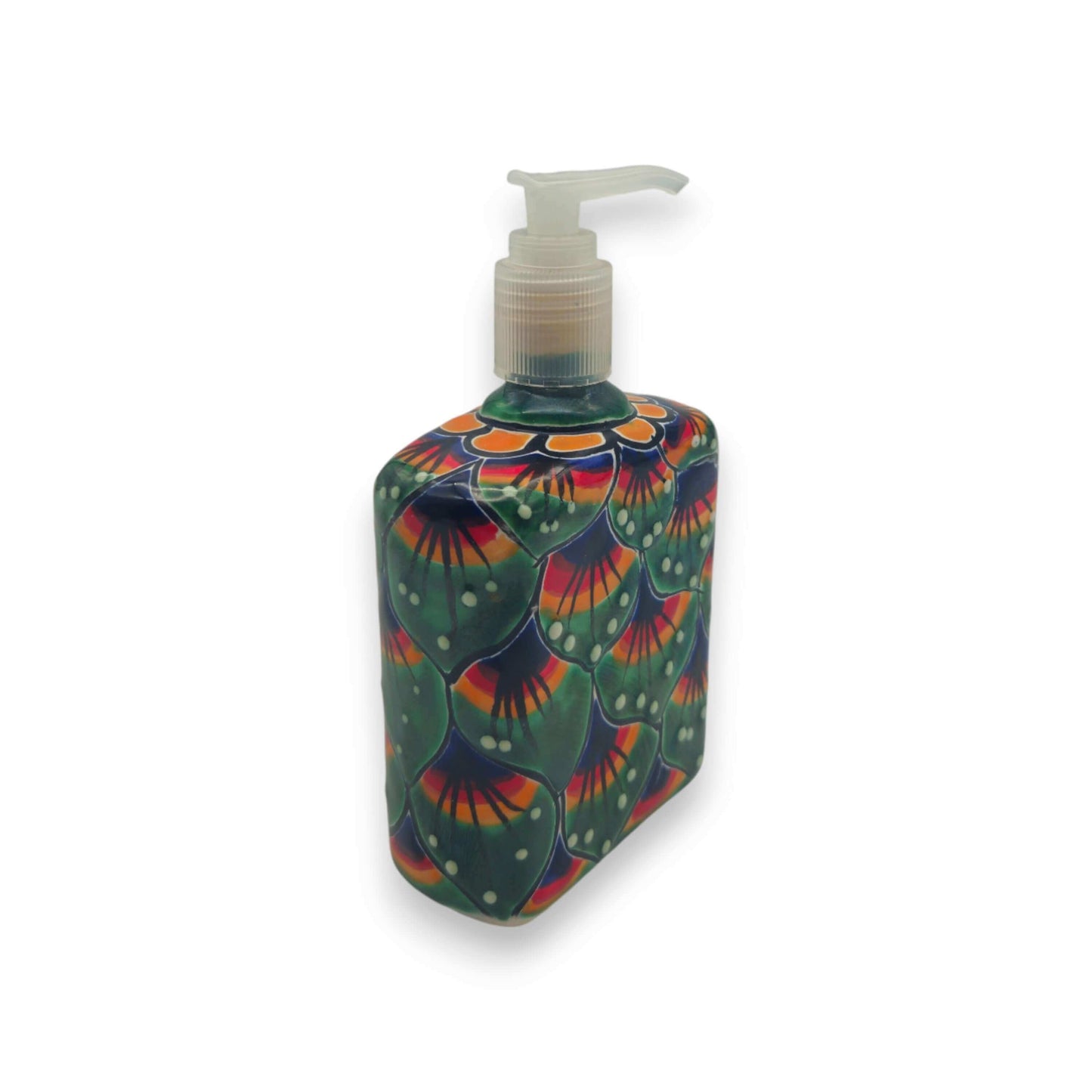 Peacock Feather Talavera Soap Dispenser | Hand-Painted Ceramic - hand-painted green peacock feather ceramic soap dispenser with pump