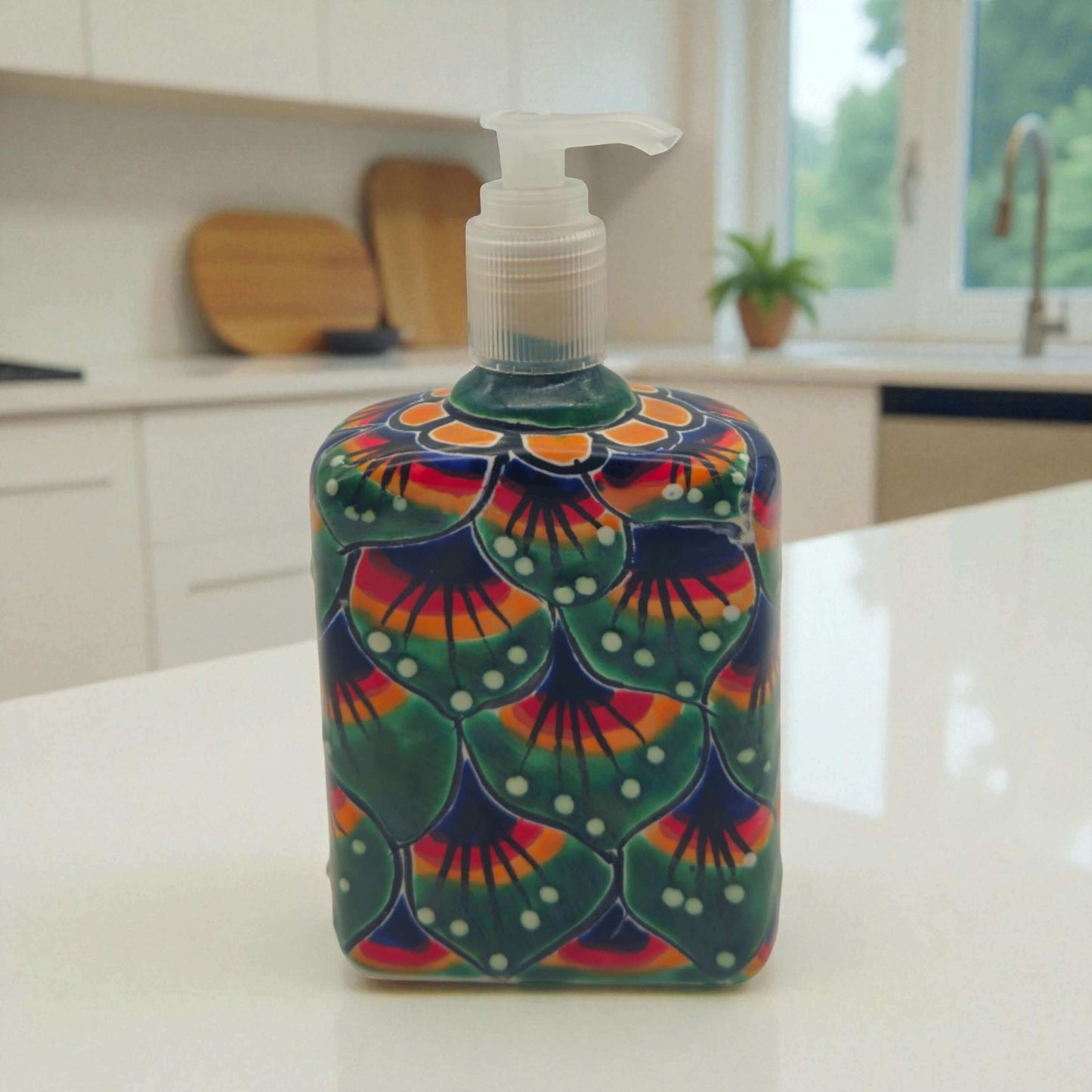Peacock Feather Talavera Soap Dispenser | Hand-Painted Ceramic, green and orange peacock feather design on hand-painted ceramic pump bottle