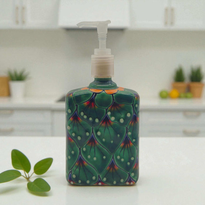 Peacock Feather Talavera Soap Dispenser | Hand-Painted Ceramic - hand-painted green peacock feather ceramic soap dispenser on kitchen counter
