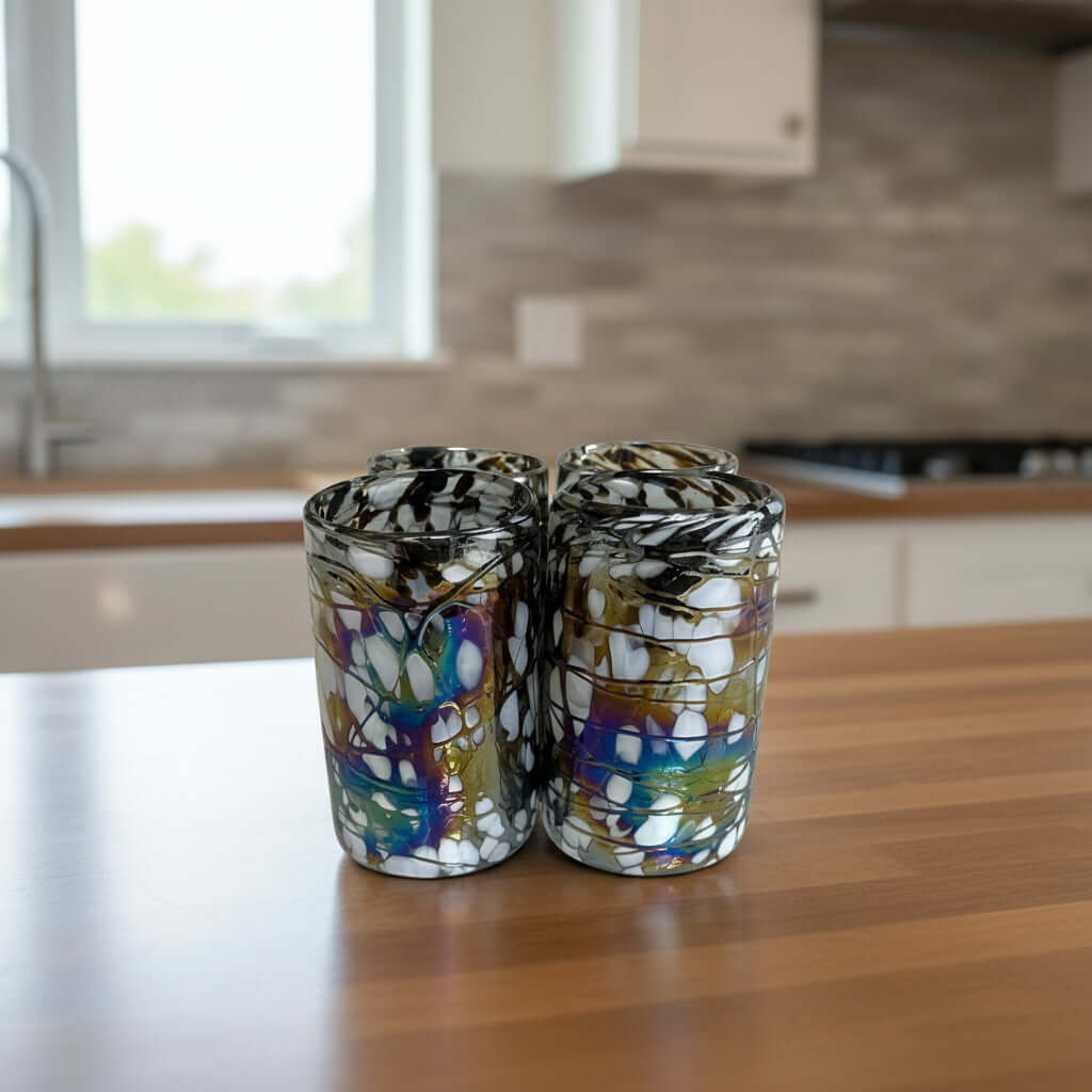 Pearlescent Swirl Hand-Blown Glass | Mexican Mocha Mix Tumbler - set of three artisanal hand-blown tumblers with brown, white and iridescent swirl pattern