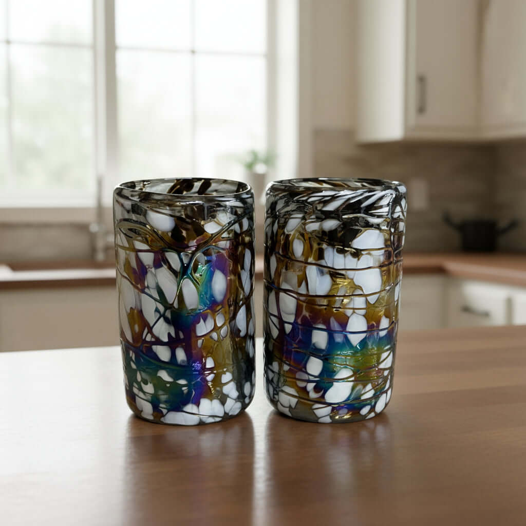 Pearlescent Swirl Hand-Blown Glass | Mexican Mocha Mix Tumbler on kitchen counter, pair of hand-blown pearlescent brown-and-white swirl tumblers