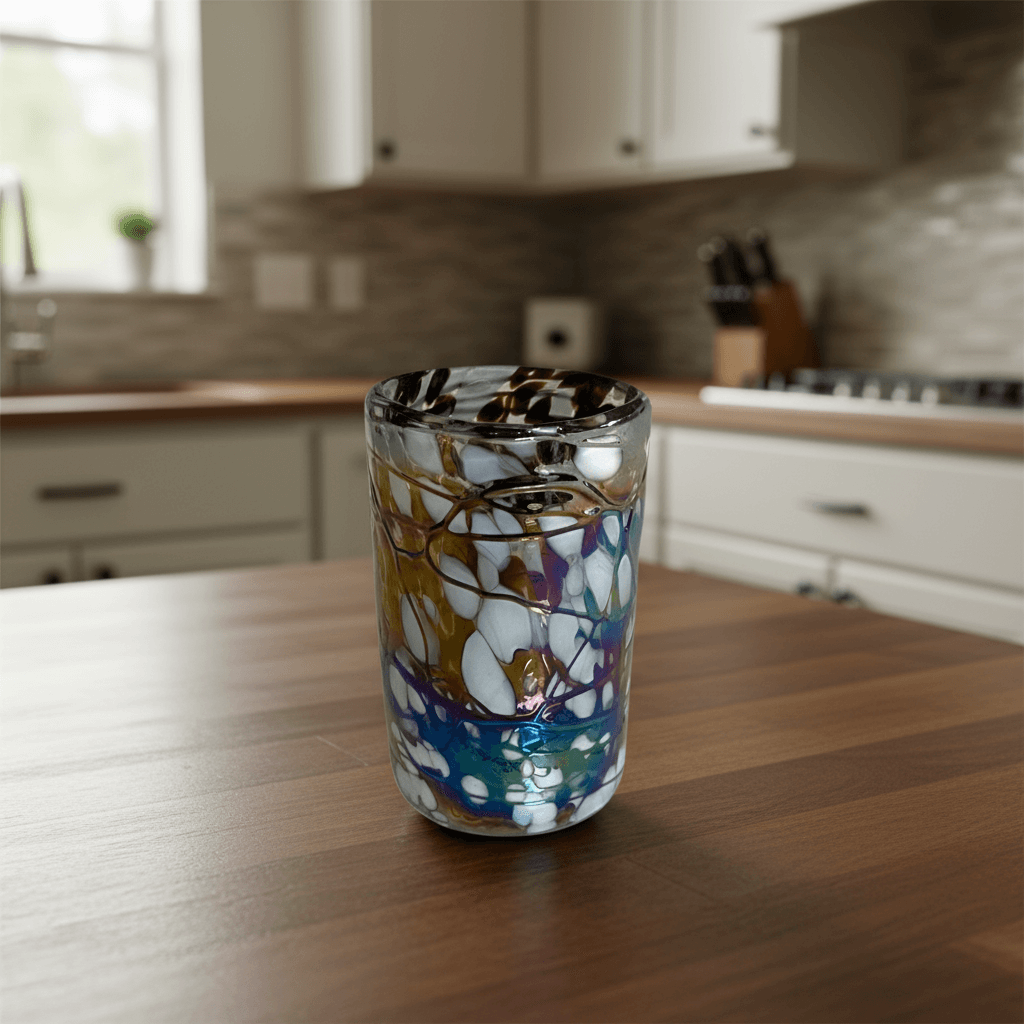 Pearlescent Swirl Hand-Blown Glass | Mexican Mocha Mix Tumbler on wooden kitchen counter, hand-blown iridescent brown and white swirl glass