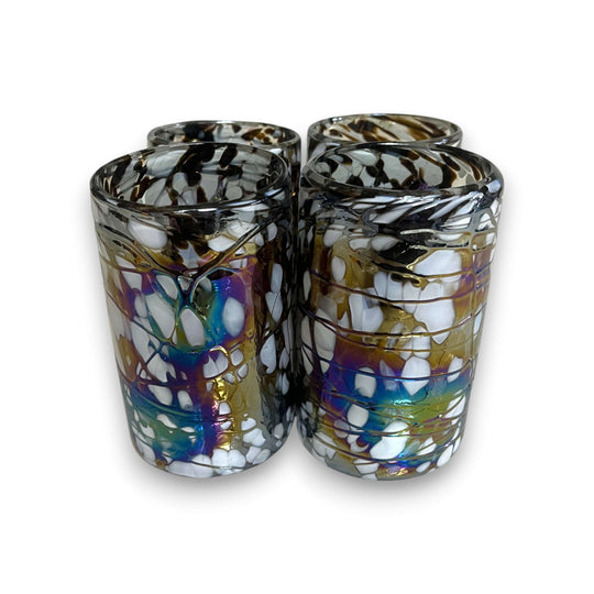 Pearlescent Swirl Hand-Blown Glass | Mexican Mocha Mix Tumbler — four hand-blown iridescent mocha swirl drinking glasses by Guanajuato artisans