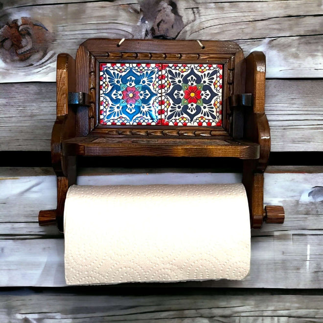 Personalized Talavera Wall Decor | Custom Paper Towel Holder handcrafted wooden holder with colorful hand-painted Talavera tile accents