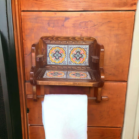 Personalized Talavera Wall Decor | Custom Paper Towel Holder hand‑painted Talavera tiles on wooden wall mount with towel